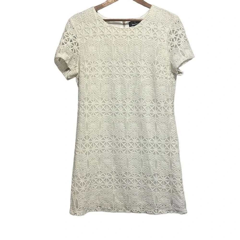Lulus Lace Shift Dress‎ Womens Medium White Excellent Short Sleeve Mini Zipper